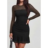 image:imagePRETTYGARDEN Womens Mesh Sheer Long Sleeve Ruched Bodycon Mini Dress 2026 Fall Cocktail Party Short Dresses with Ruffle HemBlack