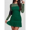 image:imagePRETTYGARDEN Womens Mesh Sheer Long Sleeve Ruched Bodycon Mini Dress 2026 Fall Cocktail Party Short Dresses with Ruffle HemDark Green