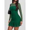 image:imagePRETTYGARDEN Womens Mesh Sheer Long Sleeve Ruched Bodycon Mini Dress 2026 Fall Cocktail Party Short Dresses with Ruffle HemDark Green