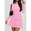 image:imagePRETTYGARDEN Womens Mesh Sheer Long Sleeve Ruched Bodycon Mini Dress 2026 Fall Cocktail Party Short Dresses with Ruffle HemPink