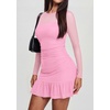 image:imagePRETTYGARDEN Womens Mesh Sheer Long Sleeve Ruched Bodycon Mini Dress 2026 Fall Cocktail Party Short Dresses with Ruffle HemPink