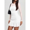 image:imagePRETTYGARDEN Womens Mesh Sheer Long Sleeve Ruched Bodycon Mini Dress 2026 Fall Cocktail Party Short Dresses with Ruffle HemWhite