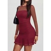 image:imagePRETTYGARDEN Womens Mesh Sheer Long Sleeve Ruched Bodycon Mini Dress 2026 Fall Cocktail Party Short Dresses with Ruffle HemWine Red