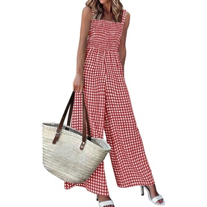 image:imagePRETTYGARDEN One Piece Jumpsuits for Women Casual Summer Cruise Outfits 2026 Spring Fashion Smocked Wide Leg Gingham RompersBurgundy