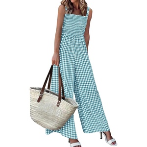 image:imagePRETTYGARDEN One Piece Jumpsuits for Women Casual Summer Cruise Outfits 2026 Spring Fashion Smocked Wide Leg Gingham RompersDusty Blue