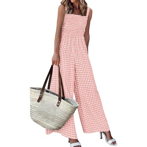 image:imagePRETTYGARDEN One Piece Jumpsuits for Women Casual Summer Cruise Outfits 2026 Spring Fashion Smocked Wide Leg Gingham RompersLight Pink