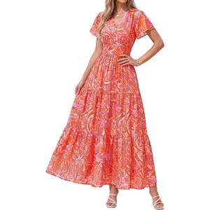 image:imagePRETTYGARDEN Women Summer Maxi Dresses 2026 Short Sleeve V Neck Button Floral Tiered Flowy Boho Sundress Beach OutfitsFloral Orange Red