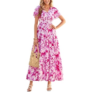 image:imagePRETTYGARDEN Women Summer Maxi Dresses 2026 Short Sleeve V Neck Button Floral Tiered Flowy Boho Sundress Beach OutfitsFloral White Rose Red