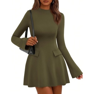 image:imagePRETTYGARDEN Womens Elegant Holiday Short Dress 2026 Fall Bell Long Sleeve Mock Neck Work Business Casual Party Mini DressArmy Green