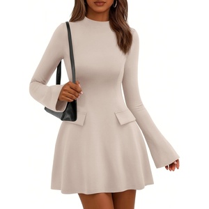 image:imagePRETTYGARDEN Womens Elegant Holiday Short Dress 2026 Fall Bell Long Sleeve Mock Neck Work Business Casual Party Mini DressBeige Apricot