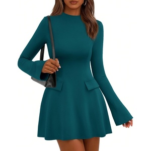image:imagePRETTYGARDEN Womens Elegant Holiday Short Dress 2026 Fall Bell Long Sleeve Mock Neck Work Business Casual Party Mini DressBlue Green