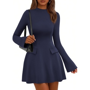 image:imagePRETTYGARDEN Womens Elegant Holiday Short Dress 2026 Fall Bell Long Sleeve Mock Neck Work Business Casual Party Mini DressDark Blue