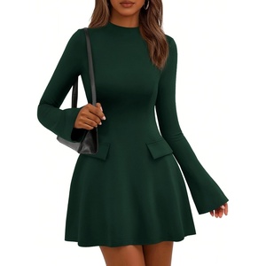 image:imagePRETTYGARDEN Womens Elegant Holiday Short Dress 2026 Fall Bell Long Sleeve Mock Neck Work Business Casual Party Mini DressDark Green