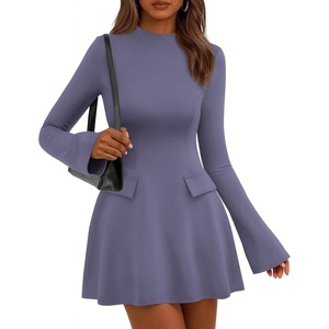 image:imagePRETTYGARDEN Womens Elegant Holiday Short Dress 2026 Fall Bell Long Sleeve Mock Neck Work Business Casual Party Mini DressGrey Blue