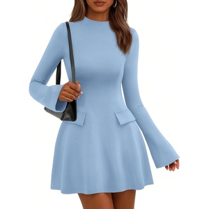 image:imagePRETTYGARDEN Womens Elegant Holiday Short Dress 2026 Fall Bell Long Sleeve Mock Neck Work Business Casual Party Mini DressLight Blue