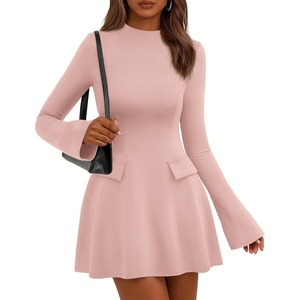 image:imagePRETTYGARDEN Womens Elegant Holiday Short Dress 2026 Fall Bell Long Sleeve Mock Neck Work Business Casual Party Mini DressLight Pink