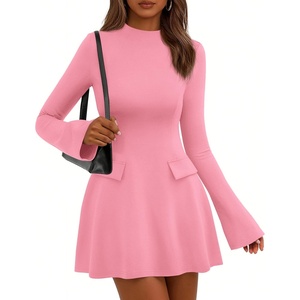 image:imagePRETTYGARDEN Womens Elegant Holiday Short Dress 2026 Fall Bell Long Sleeve Mock Neck Work Business Casual Party Mini DressPink