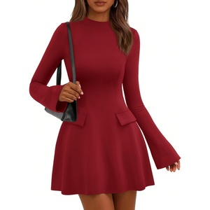 image:imagePRETTYGARDEN Womens Elegant Holiday Short Dress 2026 Fall Bell Long Sleeve Mock Neck Work Business Casual Party Mini DressRed