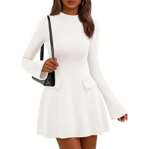 image:imagePRETTYGARDEN Womens Elegant Holiday Short Dress 2026 Fall Bell Long Sleeve Mock Neck Work Business Casual Party Mini DressWhite