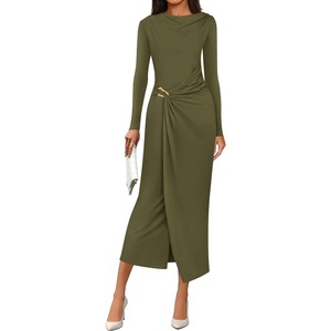image:imagePRETTYGARDEN Womens Fall Wedding Guest Cocktail Midi Dresses Elegant Long Sleeve Bodycon Ruched Dress 2026 Fashion ClothingArmy Green