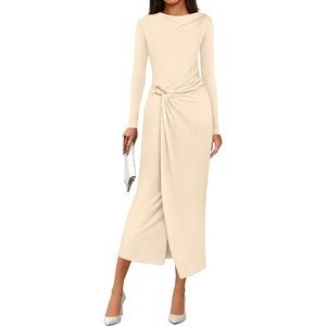 image:imagePRETTYGARDEN Womens Fall Wedding Guest Cocktail Midi Dresses Elegant Long Sleeve Bodycon Ruched Dress 2026 Fashion ClothingBeige