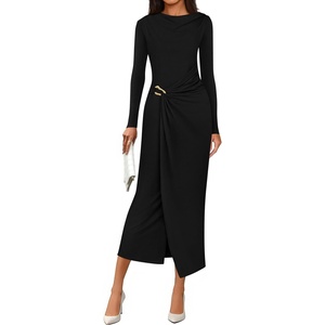 image:imagePRETTYGARDEN Womens Fall Wedding Guest Cocktail Midi Dresses Elegant Long Sleeve Bodycon Ruched Dress 2026 Fashion ClothingBlack