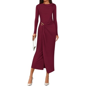 image:imagePRETTYGARDEN Womens Fall Wedding Guest Cocktail Midi Dresses Elegant Long Sleeve Bodycon Ruched Dress 2026 Fashion ClothingBurgundy