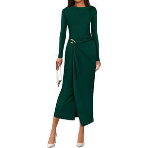 image:imagePRETTYGARDEN Womens Fall Wedding Guest Cocktail Midi Dresses Elegant Long Sleeve Bodycon Ruched Dress 2026 Fashion ClothingDark Green