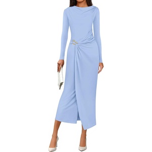 image:imagePRETTYGARDEN Womens Fall Wedding Guest Cocktail Midi Dresses Elegant Long Sleeve Bodycon Ruched Dress 2026 Fashion ClothingLight Blue