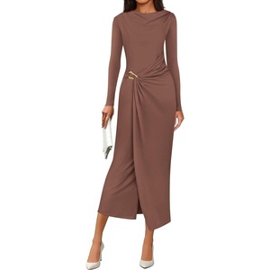 image:imagePRETTYGARDEN Womens Fall Wedding Guest Cocktail Midi Dresses Elegant Long Sleeve Bodycon Ruched Dress 2026 Fashion ClothingLight Brown