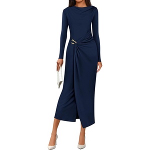 image:imagePRETTYGARDEN Womens Fall Wedding Guest Cocktail Midi Dresses Elegant Long Sleeve Bodycon Ruched Dress 2026 Fashion ClothingNavy Blue