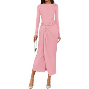 image:imagePRETTYGARDEN Womens Fall Wedding Guest Cocktail Midi Dresses Elegant Long Sleeve Bodycon Ruched Dress 2026 Fashion ClothingPink