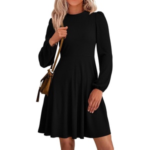 image:imagePRETTYGARDEN Womens Long Sleeve Mini Dress 2026 Fall Trendy Crewneck Ribbed Knit Soft A Line Flowy Summer Formal DressesBlack