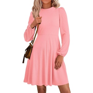 image:imagePRETTYGARDEN Womens Long Sleeve Mini Dress 2026 Fall Trendy Crewneck Ribbed Knit Soft A Line Flowy Summer Formal DressesPink