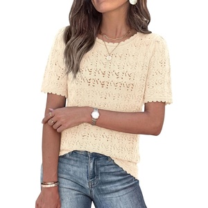 image:imagePRETTYGARDEN Womens Short Sleeve Sweater Crochet Summer Tops 2026 Trendy Casual Hollow Out Shirts Beach Vacation ClothesBeige