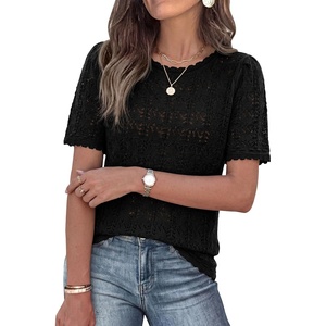 image:imagePRETTYGARDEN Womens Short Sleeve Sweater Crochet Summer Tops 2026 Trendy Casual Hollow Out Shirts Beach Vacation ClothesBlack