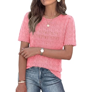 image:imagePRETTYGARDEN Womens Short Sleeve Sweater Crochet Summer Tops 2026 Trendy Casual Hollow Out Shirts Beach Vacation ClothesPink