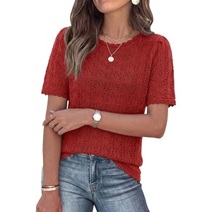 image:imagePRETTYGARDEN Womens Short Sleeve Sweater Crochet Summer Tops 2026 Trendy Casual Hollow Out Shirts Beach Vacation ClothesRed