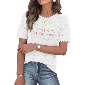 image:imagePRETTYGARDEN Womens Short Sleeve Sweater Crochet Summer Tops 2026 Trendy Casual Hollow Out Shirts Beach Vacation ClothesWhite