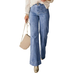 image:imagePRETTYGARDEN Womens Wide Leg Jeans High Waisted Stretchy  High Rise Flare Jeans with Front Patch Pockets Loose Fit Daily Wear Denim Trendy Office Work Pants Business Casual OutfitsDusk Blue