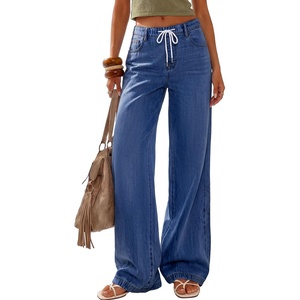 image:imagePRETTYGARDEN Womens Wide Leg Jeans High Waisted Stretchy Baggy Straight Leg Drawstring Trendy Denim Pants 2026 SummerReal Teal