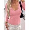 image:imagePRETTYGARDEN Womens Long Sleeve Shirts Cute Lace V Neck Tops  Trendy Going Out Crop Top Sexy Stretchy Fitted Blouses 2026 Fall Clothes Lightweight Winter Undershirts Tees Base LayerPink