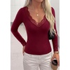 image:imagePRETTYGARDEN Womens Long Sleeve Shirts Cute Lace V Neck Tops  Trendy Going Out Crop Top Sexy Stretchy Fitted Blouses 2026 Fall Clothes Lightweight Winter Undershirts Tees Base LayerBurgundy