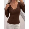 image:imagePRETTYGARDEN Womens Long Sleeve Shirts Cute Lace V Neck Tops  Trendy Going Out Crop Top Sexy Stretchy Fitted Blouses 2026 Fall Clothes Lightweight Winter Undershirts Tees Base LayerBrown