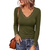 image:imagePRETTYGARDEN Womens Long Sleeve Shirts Cute Lace V Neck Tops  Trendy Going Out Crop Top Sexy Stretchy Fitted Blouses 2026 Fall Clothes Lightweight Winter Undershirts Tees Base LayerArmy Green