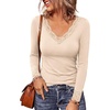 image:imagePRETTYGARDEN Womens Long Sleeve Shirts Cute Lace V Neck Tops  Trendy Going Out Crop Top Sexy Stretchy Fitted Blouses 2026 Fall Clothes Lightweight Winter Undershirts Tees Base LayerBeige