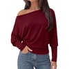 image:imagePRETTYGARDEN Womens Off Shoulder Batwing Long Sleeve Shirts  Asymmetrical Off The Shoulder Cinched Waist Soft Dressy Casual Blouse Going Out Tops Transitional Fall amp Spring WearWine Red