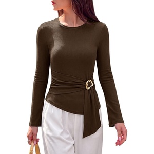 image:imagePRETTYGARDEN Long Sleeve Shirts for Women Asymmetricall Tops  Dressy Casual Blouses Slim Fit Waist Tie Ruched Top Soft Stretchy Going Out Work Office Outfit 2026 Fall Fashion ClothesBrown