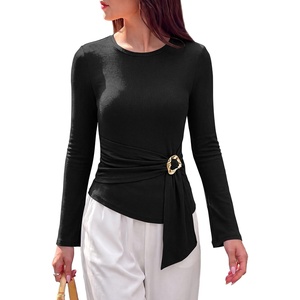 image:imagePRETTYGARDEN Long Sleeve Shirts for Women Asymmetricall Tops  Dressy Casual Blouses Slim Fit Waist Tie Ruched Top Soft Stretchy Going Out Work Office Outfit 2026 Fall Fashion ClothesBlack