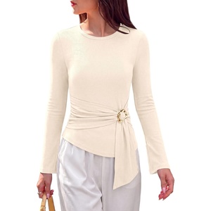image:imagePRETTYGARDEN Long Sleeve Shirts for Women Asymmetricall Tops  Dressy Casual Blouses Slim Fit Waist Tie Ruched Top Soft Stretchy Going Out Work Office Outfit 2026 Fall Fashion ClothesBeige
